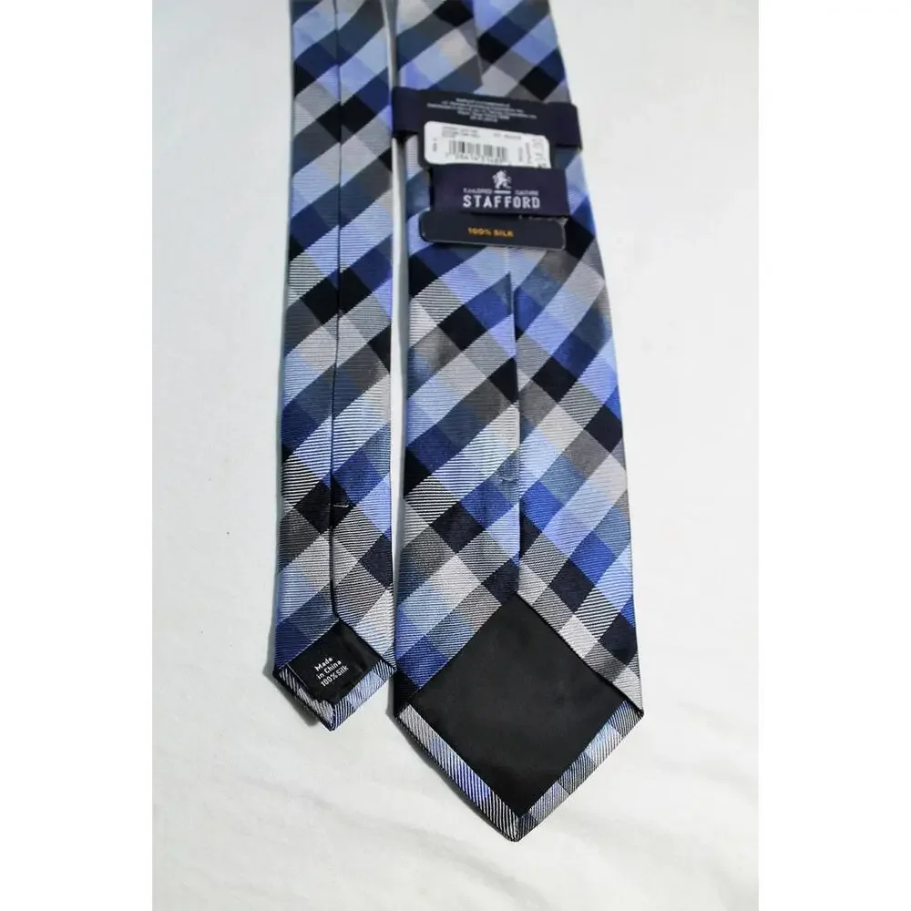 Vintage STAFFORD Blue & Gray Plaid Silk Necktie, 3.35 X 58 Inches, NOS With Tags